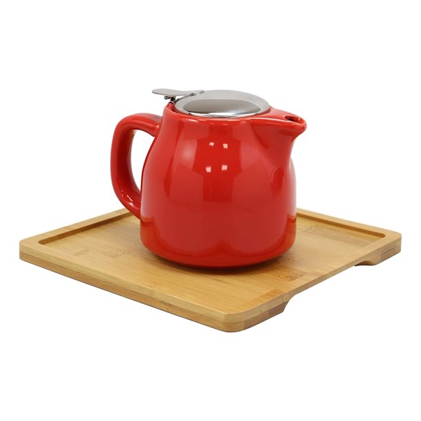 Red Contemporary 20oz Tea Set With Bamboo Tray