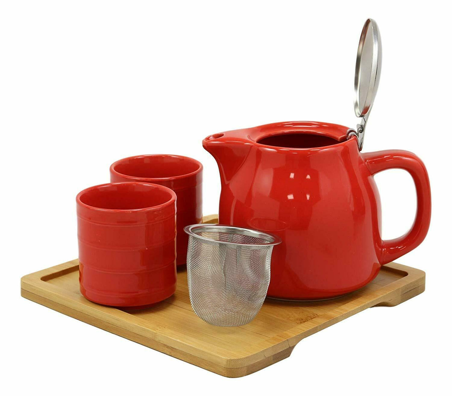 Red Contemporary 20oz Tea Set With Bamboo Tray