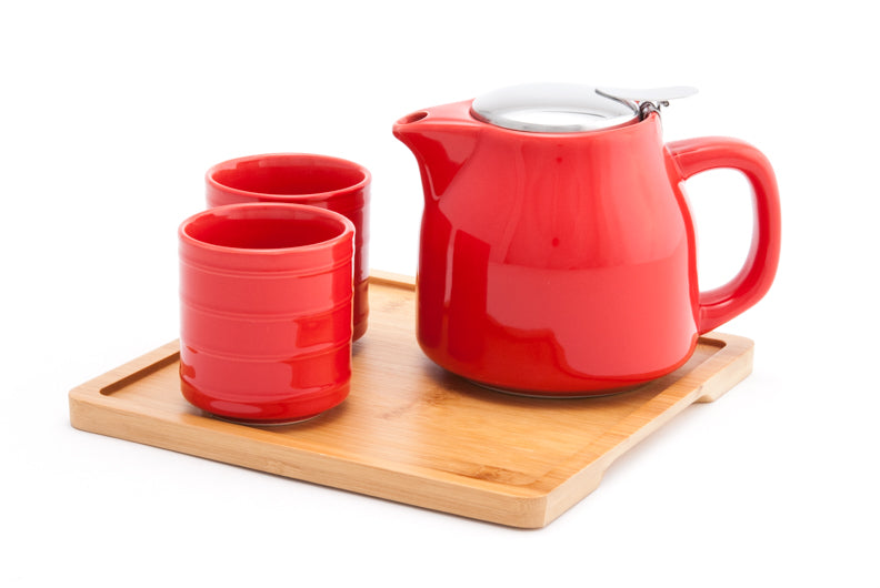 Red Contemporary 20oz Tea Set With Bamboo Tray