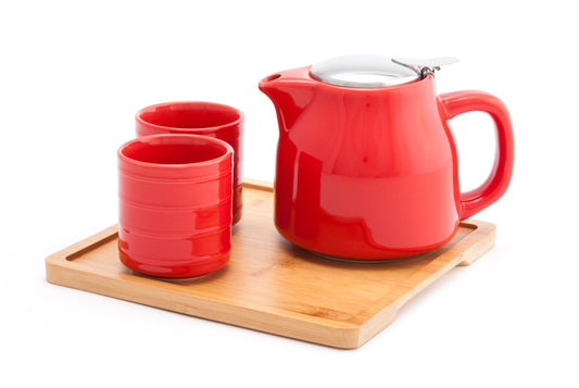 Red Contemporary 20oz Tea Set With Bamboo Tray